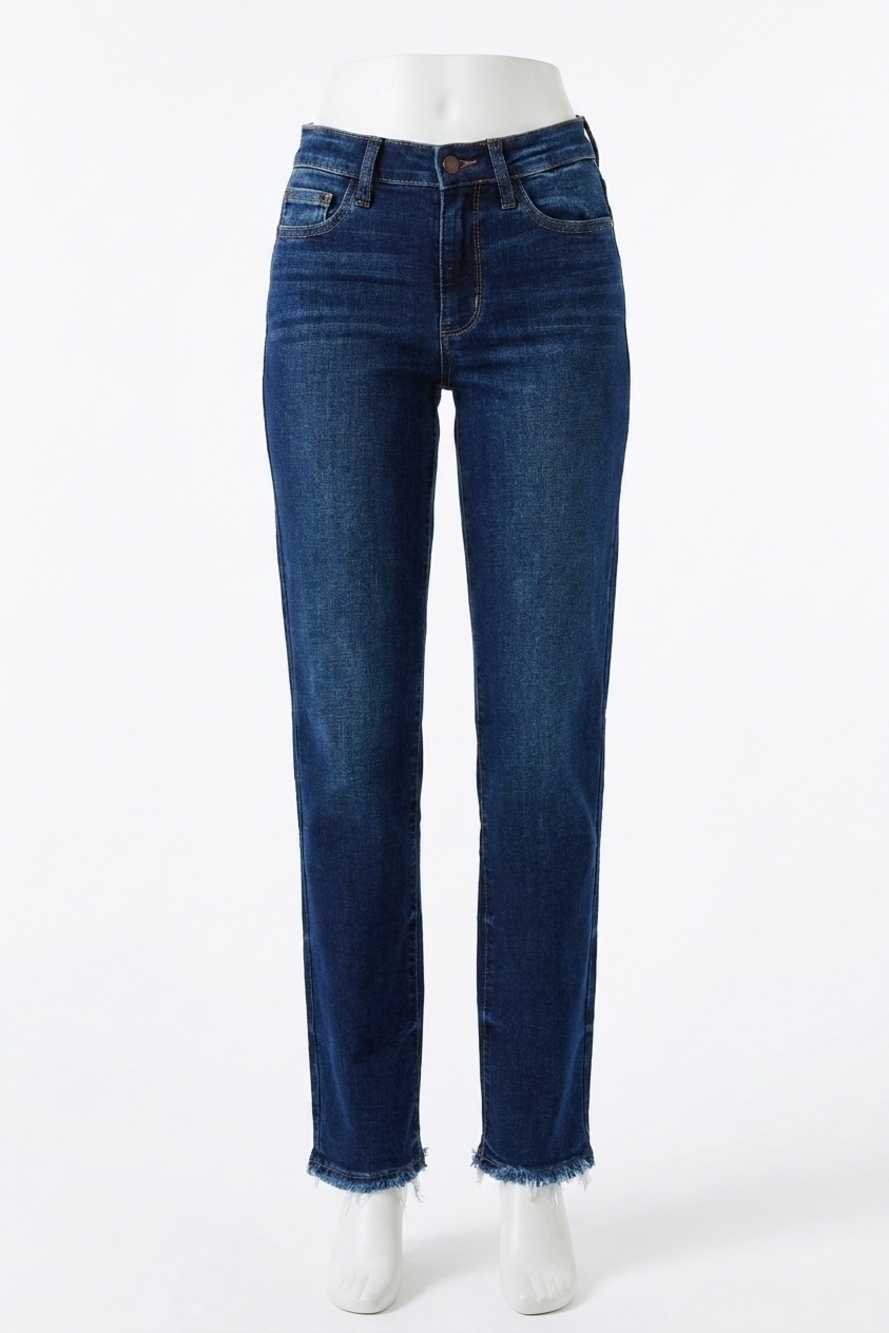 NEW JUDY BLUE selena mid rise straight leg jeans with fray hem in blue